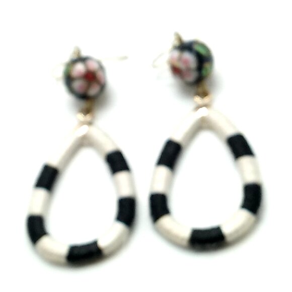 Black White Striped Hollow Waterdrop Faceted Ball Statement Earrings 2.75" - Picture 5 of 9